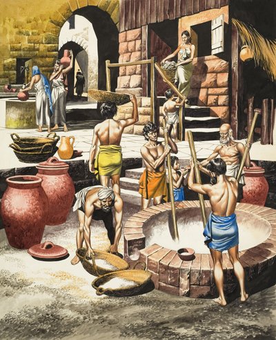 紀元前2500年から紀元前1600年のインダス渓谷の生活（紙にグワッシュ） 作： Ron Embleton