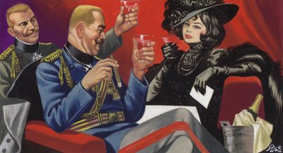 ドイツ最高司令部の友人たちとマタ・ハリ（紙にガッシュ） 作： Ron Embleton