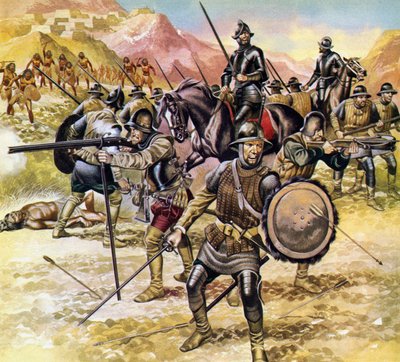 メキシコ、北の黄金都市を探す探検隊を編成するスペイン人（カラーリトグラフ） 作： Ron Embleton