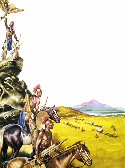 西へ向かう幌馬車を観察するレッド・インディアン 作： Ron Embleton
