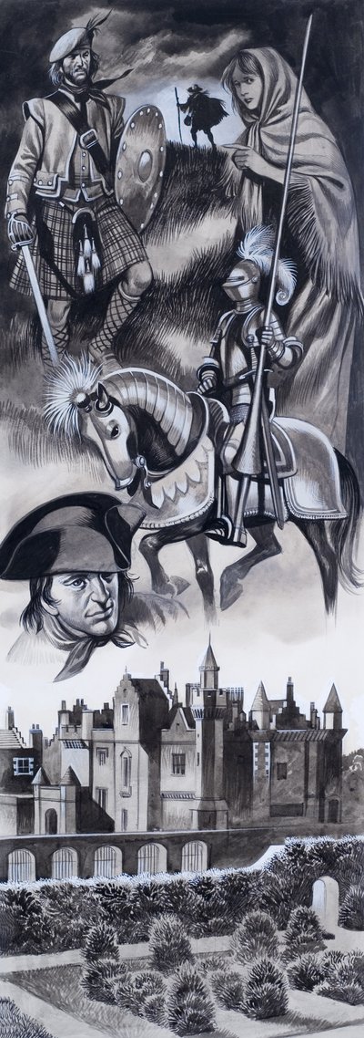 スコットランドの城とスコットランドの歴史上の人物（紙にガッシュ） 作： Ron Embleton