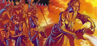 ネイティブ・アメリカン・インディアンの攻撃を受ける入植者たち（紙にグワッシュ） 作： ロン・エンブルトン