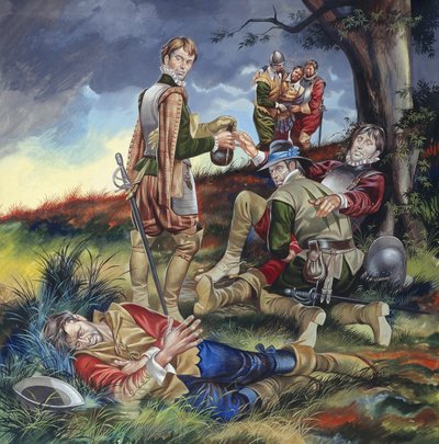 ズットフェンの戦いでのフィリップ・シドニー卿（1554-86）（紙にグワッシュ） 作： Ron Embleton