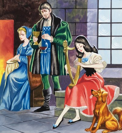 父のためにハープを弾く白雪姫（紙にグワッシュ） 作： Ron Embleton