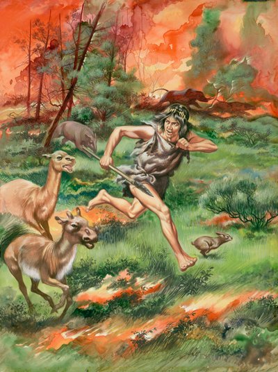 動物とともに火から逃げる石器時代の男（紙にガッシュ） 作： Ron Embleton