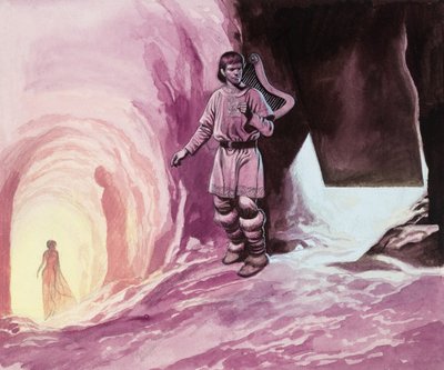 洞窟の中でヴィーナスを追うタンホイザー（紙にグワッシュ） 作： Ron Embleton