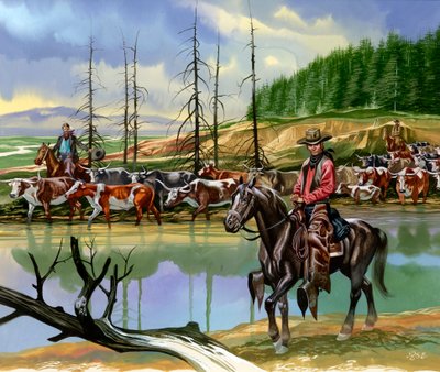 牛を北へ走らせるテキサスのカウボーイたち 作： Ron Embleton