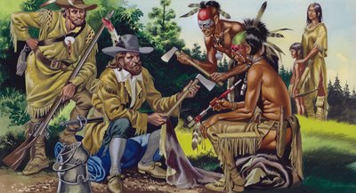 カナダのフランス人、原住民インディアンとの毛皮取引（紙にグワッシュ） 作： ロン・エンブルトン