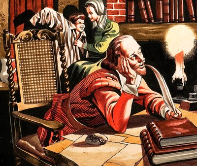 自宅で執筆するウィリアム・シェイクスピア 作： Ron Embleton