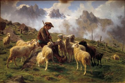 羊に塩を与えるアルプスの羊飼い ロサ・ボヌール（1822-1899）の絵 1864年 日の丸0,68x1 m シャンティ、コンデ美術館 作： Rosa Bonheur