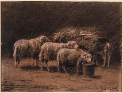 2頭の羊と馬小屋の雄羊 作： Rosa Bonheur