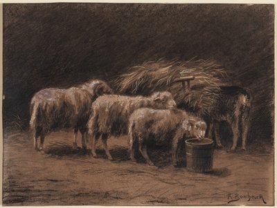 2頭の羊と馬小屋の雄羊 作： Rosa Bonheur