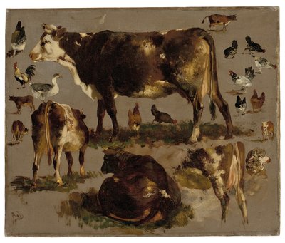 牛、鶏、雄鶏、ガチョウ、ヒツジの習作（キャンバスに油彩） 作： Rosa Bonheur