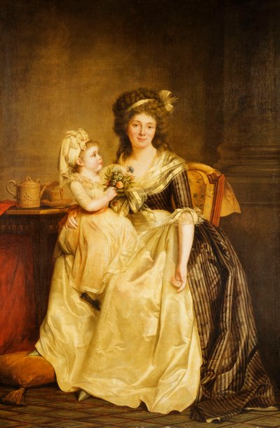 花のポーズをとった娘と一緒にテーブルのそばに座っている女性の肖像画 作： Rose Adelaide Ducreux