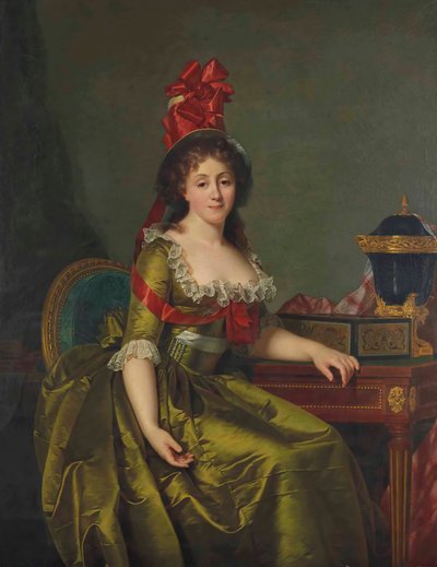 緑のサテンのドレスと赤いリボンのボンネットを着た女性のポートレート。 作： Rose Adelaide Ducreux