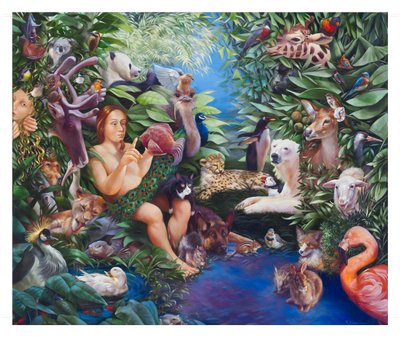 動物に名前をつけるアダムとイヴの出現》2011年（油彩・キャンバス） 作： Rosemarie Adcock
