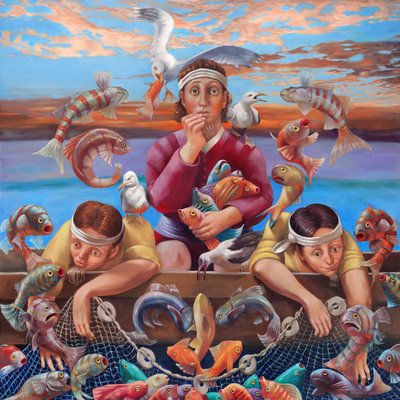 魚たちの奇跡の徴兵》2019年（キャンバスに油彩） 作： Rosemarie Adcock