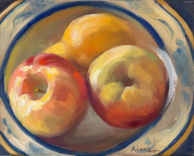 黄色い梨とリンゴ、2017年（キャンバスに油彩） 作： Rosemarie Adcock