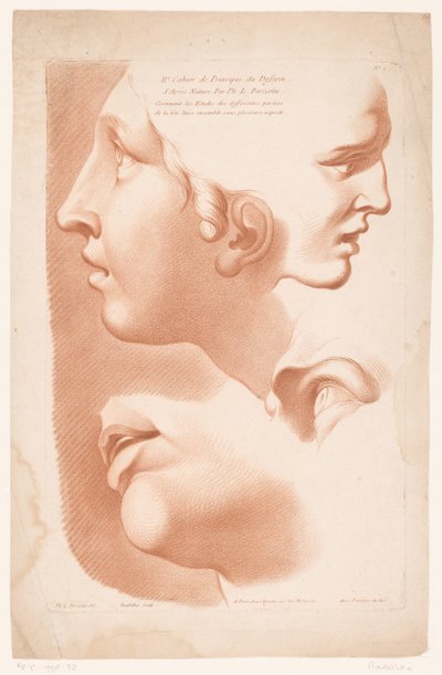 2 つの女性の顔、口と目を持つタイトル プリント 自然からの描画の原則、パート 2 (シリーズ タイトル) IIe Cahier de Principes du Dessin d
