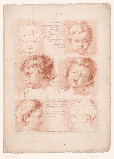 6 人の子供の頭を持つタイトル プリント。そのうちの 2 つは模式図です。 自然からの描画の原則、パート 3 (シリーズ タイトル) IIIe Cahier de Principes du Dessin d