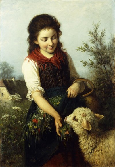 子羊に餌をやる、 作： Rudolf Epp