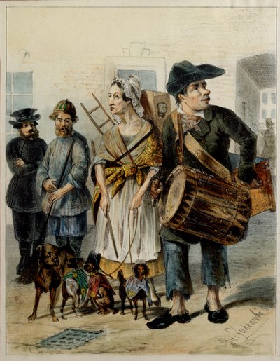 A Servant Takes The Dogs Out - Rudolf Kasimirovich Zhukovsky (1814-1886) によるアートワーク、紙に水彩、インク 作： Rudolf Kasimirovich Zhukovsky