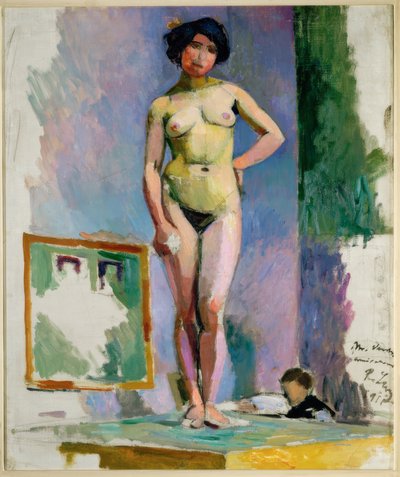 テーブルの上に立っている女性の裸 作： Rudolf Levy