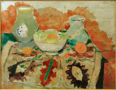 水差しと果物のある静物、パリ 作： Rudolf Levy