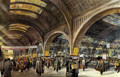 ドイツ鉄道-見本市開催中のライプツィヒ中央駅（水彩画） 作： Rudolf Lipus