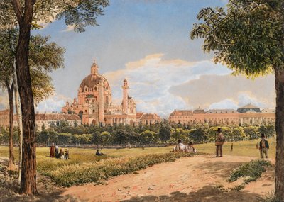 ウィーンの聖チャールズ教会と工科大学の眺め、1831 年。 作： Rudolf von Alt