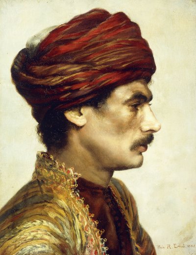 赤いターバンの男の横顔の肖像画、1882 作： Rudolphe Ernst