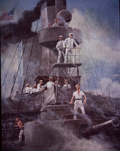 米西戦争1898年、マニラ湾の戦い、デューイ提督が旗艦オリンピアから行動を指示 作： Rufus Fairchild Zogbaum