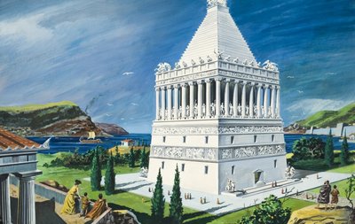 紀元前353年に完成したハリカルナッソスの霊廟（紙にグワッシュ） 作： ルッジェロ・ジョバンニーニ