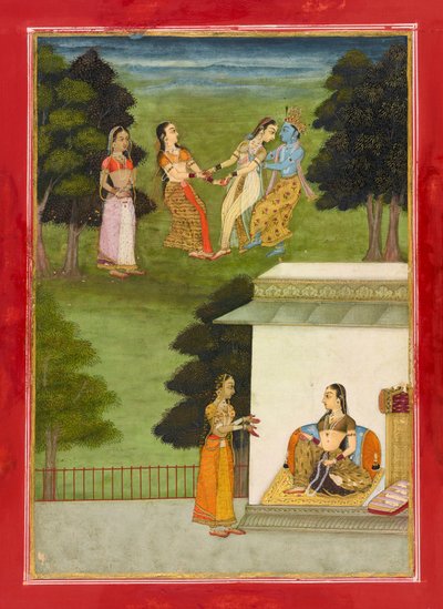 <em>ゴピ</em>で遊ぶクリシュナ、<em>ラシクプリヤ</em>のフォリオ 作： Ruknuddin