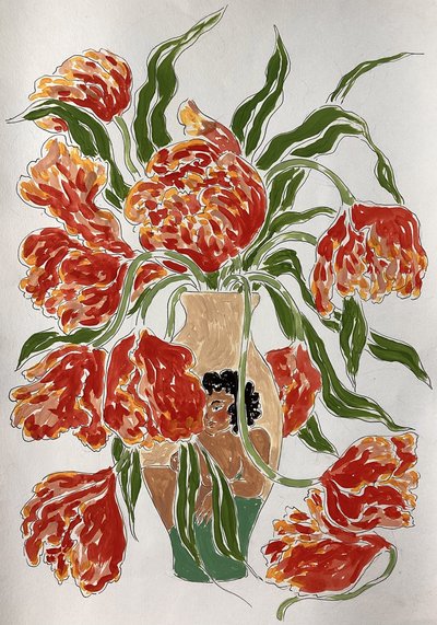 花瓶に飾られた鮮やかなチューリップ 作： 