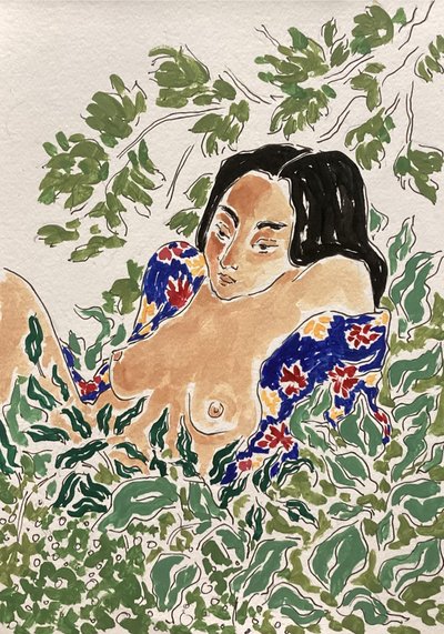 木々の間に立つ女性 作： 
