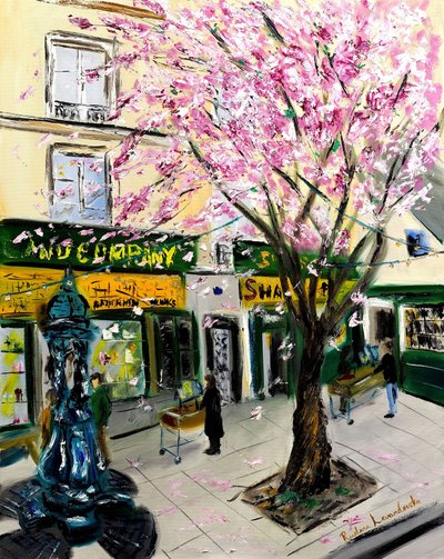 シェイクスピア・アンド・カンパニー・パリの桜-金の装飾付き、2023年（キャンバスに油彩） 作： Ruslana Levandovska