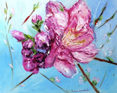 ピンクの桜、金の装飾付き、2023年（キャンバスに油彩） 作： Ruslana Levandovska