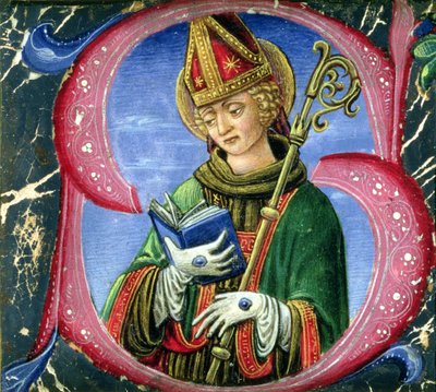 聖司教を描いた歴史的イニシャルS、1470年頃 作： Russi Francesco di Giovanni de