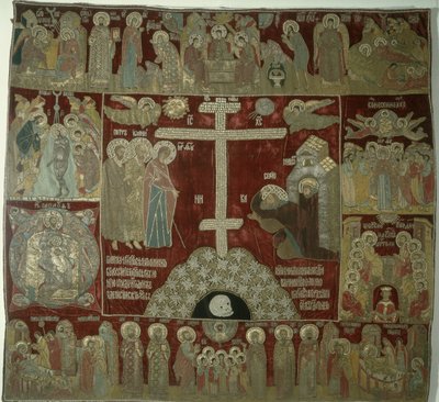 聖セルギウスへの聖母の出現、1525年（金、銀、絹の糸、金の台座にパールとルビーをセット） 作： Russian School