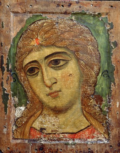 大天使ガブリエル（黄金の髪の天使）ロシアのアイコン、12世紀（卵のテンペラのパネル） 作： Russian School
