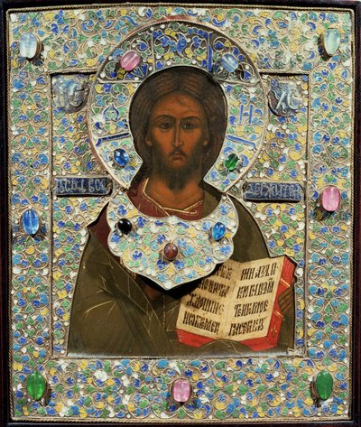 Christ Pantocrator、アイコン（金箔と七宝のエナメルフレームを備えたパネルのテンペラ） 作： Russian School