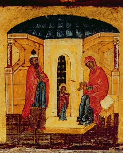 神殿のイエスを描いたアイコン、c.1550（パネル上のテンペラと金箔）（314500の詳細） 作： Russian School