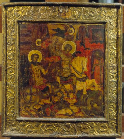 聖ジョージと聖ディメトリウスを描いたアイコン、1676年頃（パネル上のテンペラ） 作： Russian School