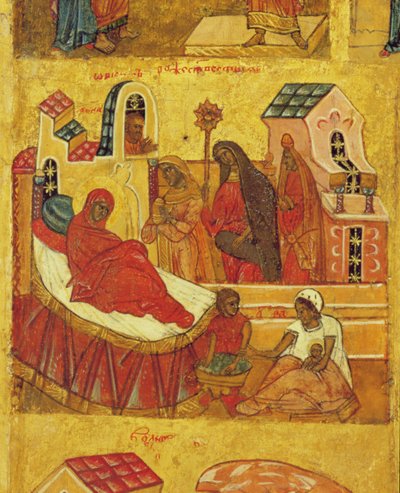 聖母の誕生を描いたアイコン、c.1550（パネル上のテンペラと金箔）（314500の詳細） 作： Russian School