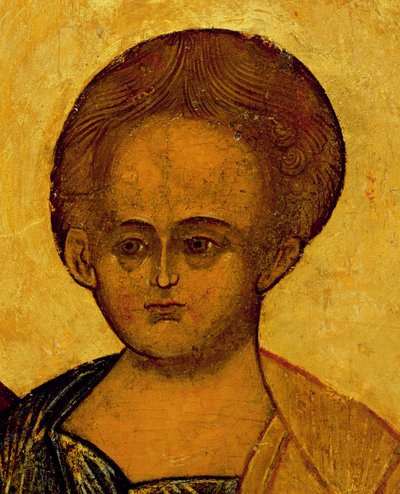 キリストの頭を描いたアイコン、c.1550（パネル上のテンペラと金箔）（314500の詳細） 作： Russian School