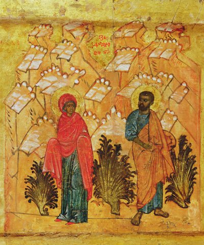 聖母マリアとヨセフを描いたアイコンc.1550（パネル上のテンペラと金箔）（314500の詳細） 作： Russian School