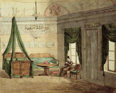 新古典主義の寝室、1819年（紙にトイレ） 作： Russian School