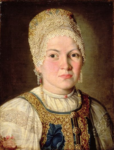 ロシアの衣装を着た女性の肖像、1769 作： Russian School