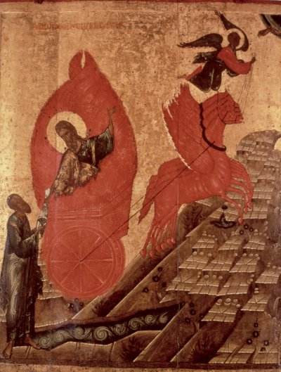 エリヤの昇天、アイコン、プスコフ学校、1650年頃（パネル上のテンペラ） 作： Russian School